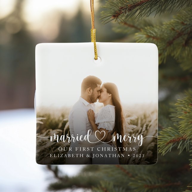 Our First Christmas Married & Merry Photo Ceramic Ornament (Creator Uploaded)