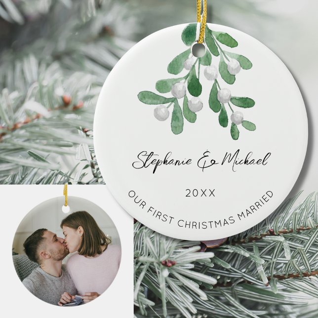 Our First Christmas Married Mistletoe Photo Ceramic Tree Decoration (Creator Uploaded)