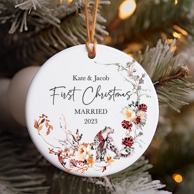 Our First Christmas Married Ornament with Names (First Christmas Married Snow Leopard Personalized Ornament)