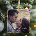 Our First Christmas Married Personalised Photo Ceramic Ornament<br><div class="desc">Celebrate your first Christmas as a married couple with this Personalised Photo Ceramic Ornament. Adorned with a charming snowflake design design on the reverse, this elegant keepsake can be customised with your names, the year, and a cherished photo. Honour your love and create a lasting memory with this enchanting ornament,...</div>