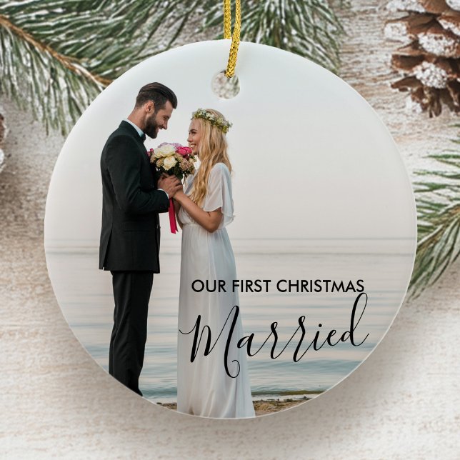 Our First Christmas Married Personalised Photo Ceramic Tree Decoration (First Christmas Married photo ornament by Darling & May)