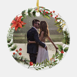 Our First Christmas Married Photo Botanical Ceramic Tree Decoration