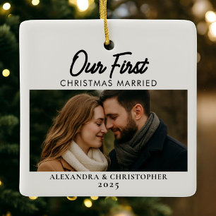 Our First Christmas Married Photo Ceramic Ornament