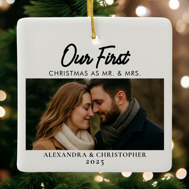 Our First Christmas Married Photo  Ceramic Ornament (Creator Uploaded)