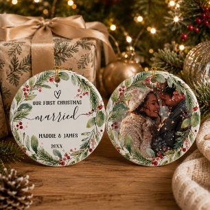 Our First Christmas Married Photo Couple Wreath Ceramic Tree Decoration