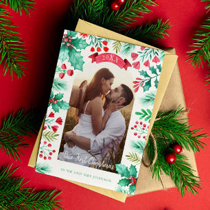 Our First Christmas Married Photo Watercolor Holiday Card