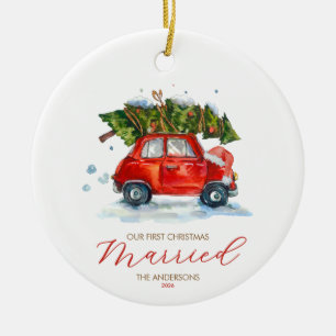 Our First Christmas Married Red Car & Tree Ceramic Tree Decoration