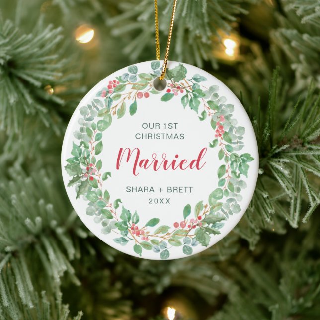 Our First Christmas Married Red Green Wreath Ceramic Tree Decoration (Tree)