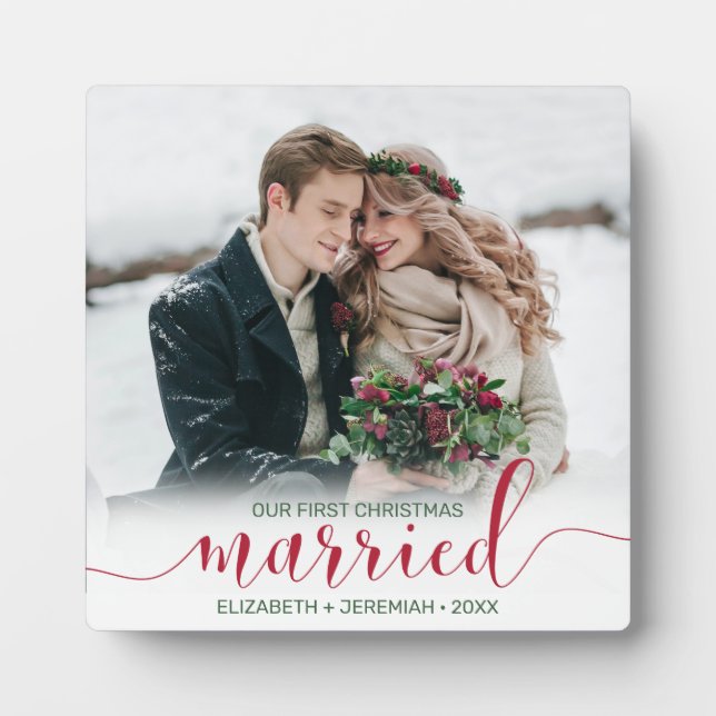 Our First Christmas Married Red Script Photo Plaque (Front)