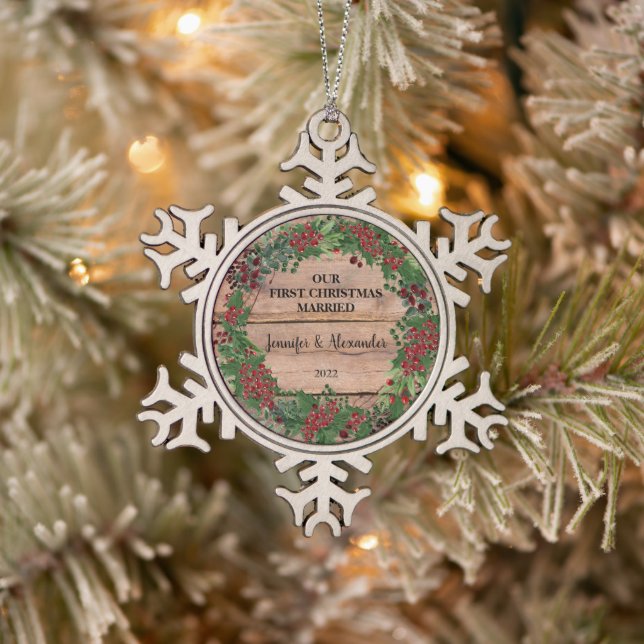 Our first Christmas married rustic wood berries Snowflake Pewter Christmas Ornament (Tree)