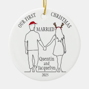 Our First Christmas Married Santa Hat & Antlers Ceramic Tree Decoration