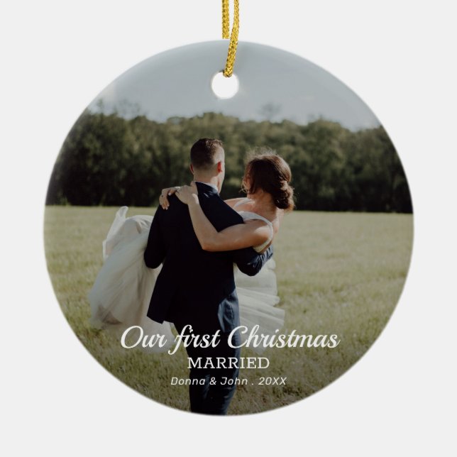 Our First Christmas Married Script Couple Photo Ceramic Tree Decoration (Front)