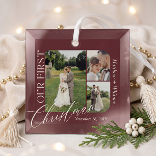 Our First Christmas Married Wedding Photo Collage Glass Tree Decoration