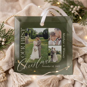 Our First Christmas Married Wedding Photo Collage Glass Tree Decoration