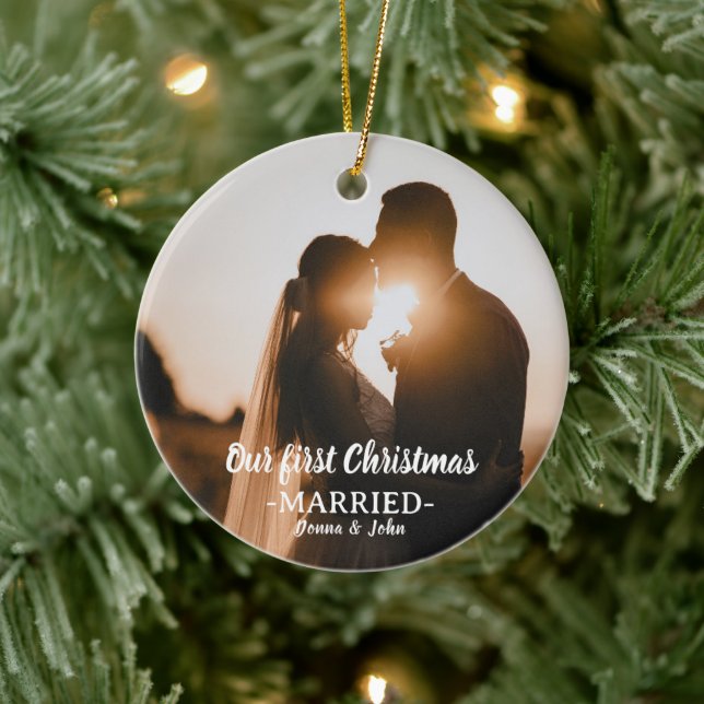 Our First Christmas Married Whimsical Script Photo Ceramic Tree Decoration (Tree)