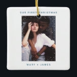 Our First Christmas | Merry and Married Blue Photo Ceramic Ornament<br><div class="desc">Our First Christmas | Merry and Married Navy Blue Photo Ceramic Ornament
Modern Dots Typewriter Mr & Mrs First Married Photo Ornament</div>