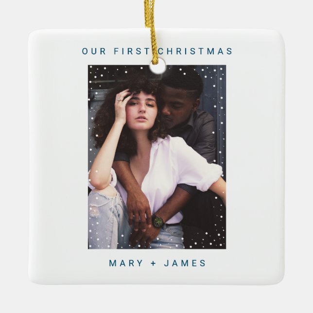 Our First Christmas | Merry and Married Blue Photo Ceramic Ornament (Front)