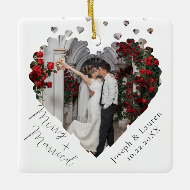 Our First Christmas Merry + Married Ceramic Ornament (Front)