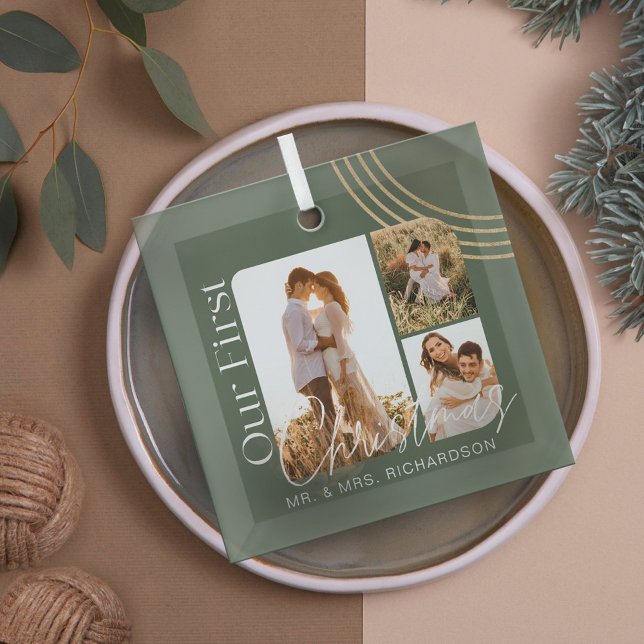 Our First Christmas Modern Geometric Three Photo Glass Tree Decoration (Our First Christmas Modern Geometric Three Photo Glass Ornament)