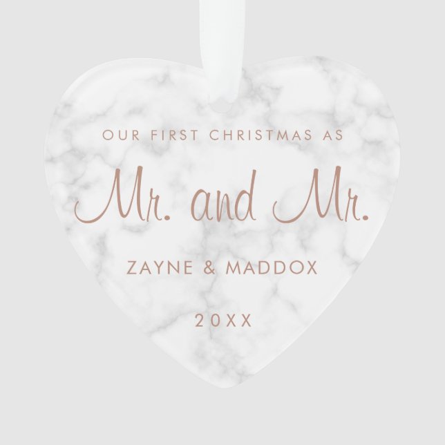 Our First Christmas Modern Marble Rose Gold Gay Ornament (Front)