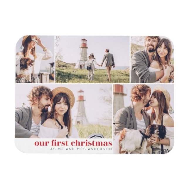 Our First Christmas Modern Photo Collage Christmas Magnet (Horizontal)