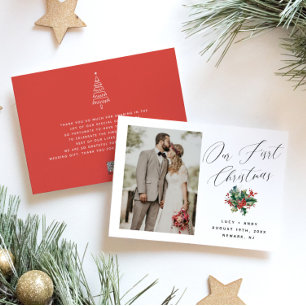 Our First Christmas   Modern Script Newlywed Photo Holiday Card