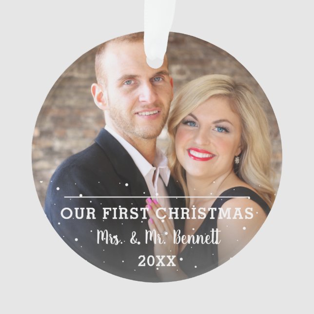 Our First Christmas Modern Script Wedding Photo Ornament (Front)