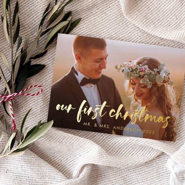 Our First Christmas | Modern Two Photo (An elegant, gold foil holiday photo card for your first married Christmas)