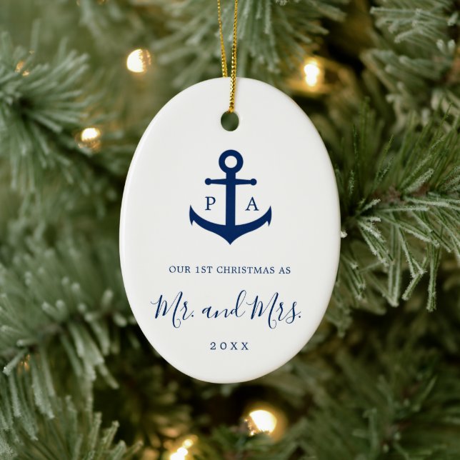 Our First Christmas Monogram Photo Nautical Ceramic Tree Decoration (Tree)