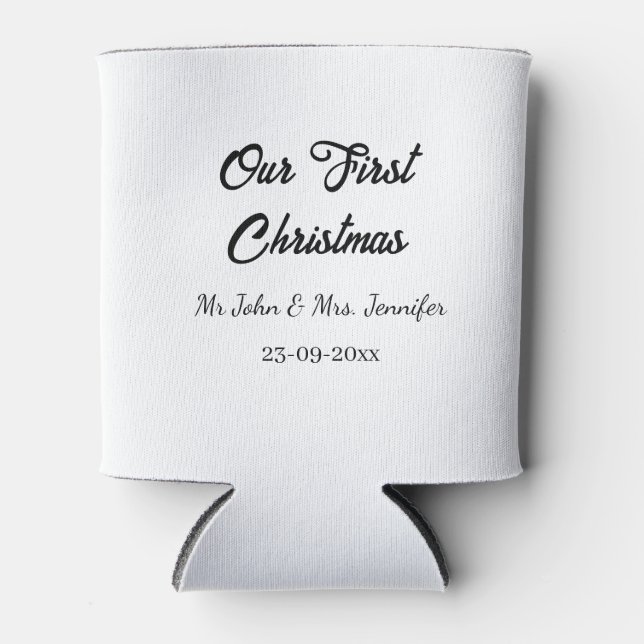 Our first Christmas Mr and Mrs couple name date Can Cooler (Front)