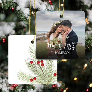 Our First Christmas Mr and Mrs Elegant Photo Ceramic Ornament