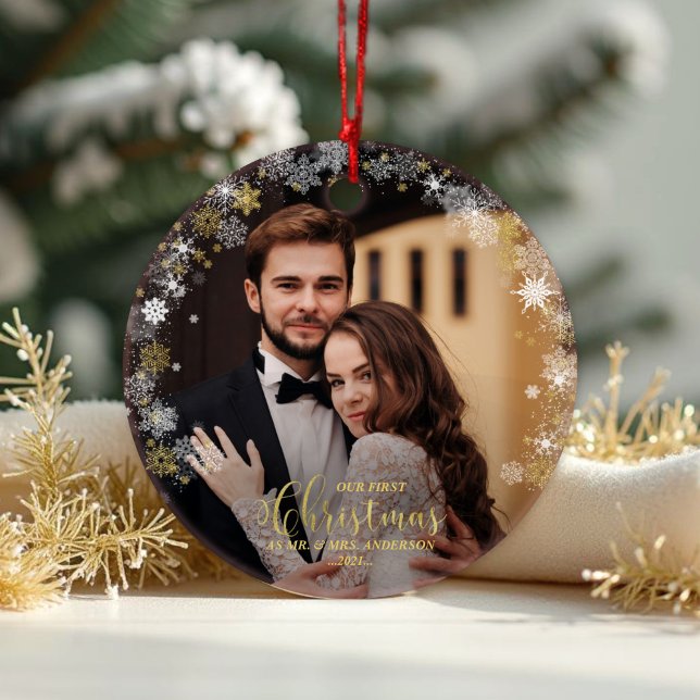 Our First Christmas Mr And Mrs Gilded Couple Photo Ornament (Creator Uploaded)