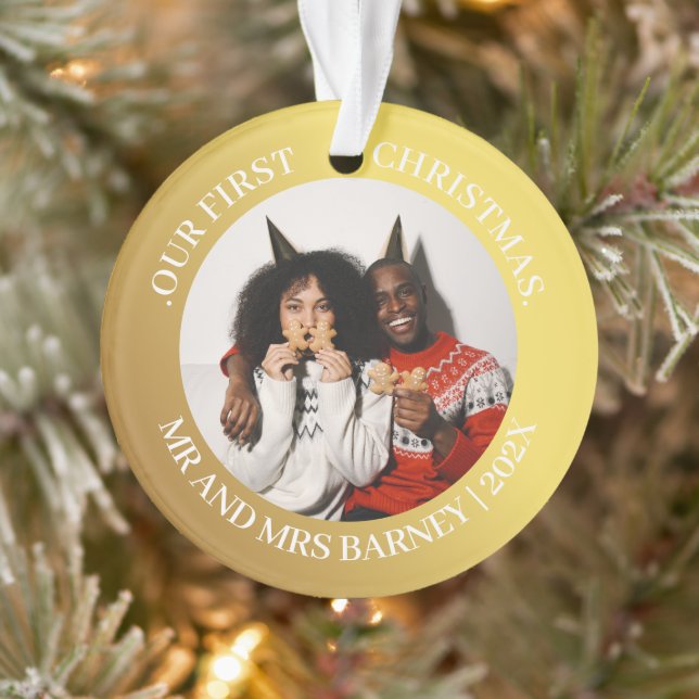 Our first Christmas Mr and Mrs Gold Modern Photo Ornament (Tree)