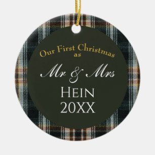 Our First Christmas Mr and Mrs Green Plaid Ceramic Tree Decoration