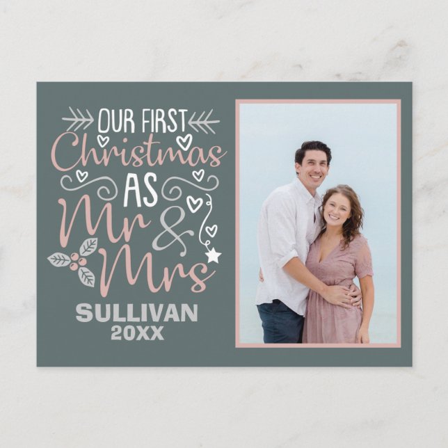 Our First Christmas Mr and Mrs Holiday Postcard (Front)