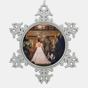 Our first Christmas Mr. and Mrs. newlywed elegant  Snowflake Pewter Christmas Ornament