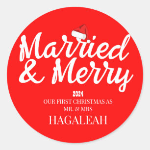 Our First Christmas Mr. and Mrs. Newlywed Merry Classic Round Sticker