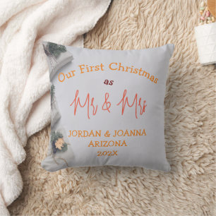 Our first Christmas Mr. and Mrs. newlywed White Cushion