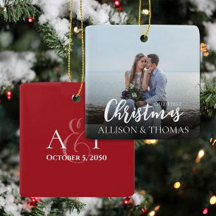 Our First Christmas Mr and Mrs Photo Calligraphy Ceramic Ornament