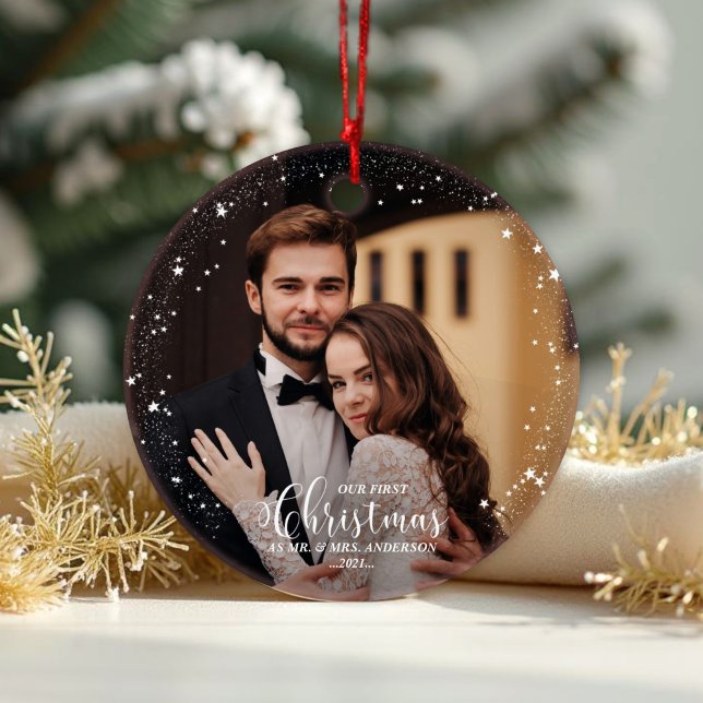 Our First Christmas Mr And Mrs Script Couple Photo Ornament (Creator Uploaded)
