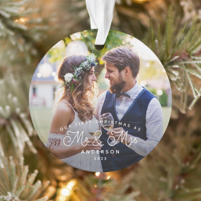 Our First Christmas Mr and Mrs Wedding Photo Ornament (Tree)