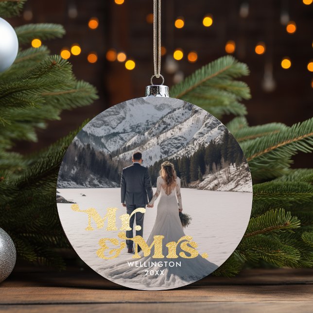 Our First Christmas Mr & Mrs Elegant Wedding Photo Ceramic Tree Decoration (Our First Christmas Mr & Mrs Elegant Wedding Photo Ceramic Ornament)