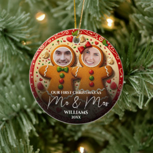Our First Christmas Mr & Mrs Fun Gingerbread Photo Ceramic Tree Decoration