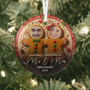 Our First Christmas Mr & Mrs Fun Gingerbread Photo Glass Tree Decoration