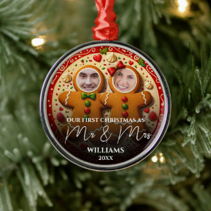 Our First Christmas Mr & Mrs Fun Gingerbread Photo Metal Tree Decoration