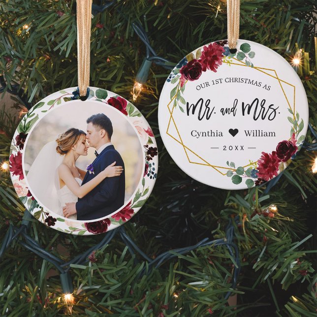 Our First Christmas Mr Mrs Geometric Floral Photo Ornament (Sample)