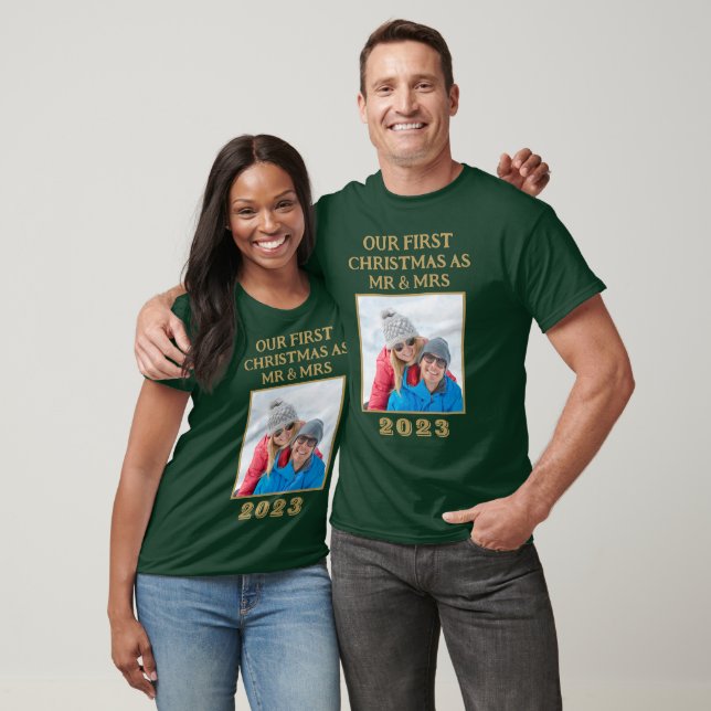 Our First Christmas Mr & Mrs Green And Gold Photo T-Shirt (Unisex)