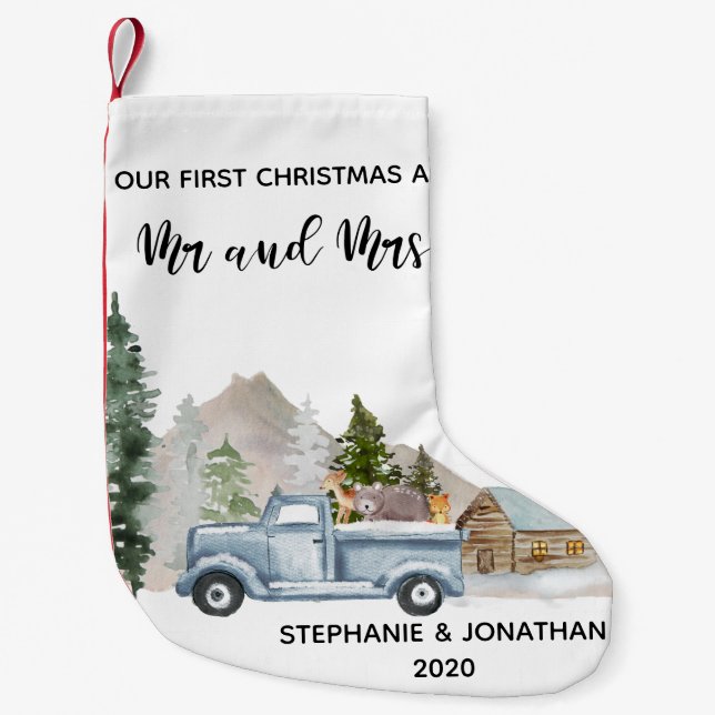 Our First Christmas Mr & Mrs Hand Truck Woodland Small Christmas Stocking (Front)