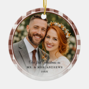 Our First Christmas-Mr. & Mrs. Photo Brown Gingham Ceramic Tree Decoration