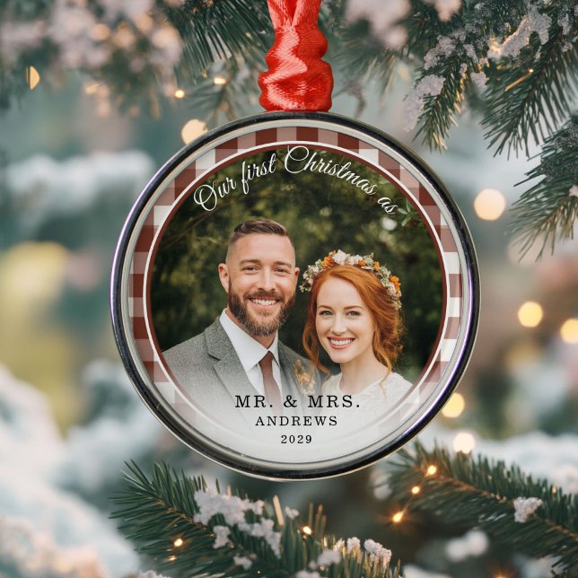 Our First Christmas-Mr. & Mrs. Photo Brown Gingham Metal Tree Decoration (Our First Christmas-Mr. & Mrs. Photo Brown Gingham Metal Ornament)